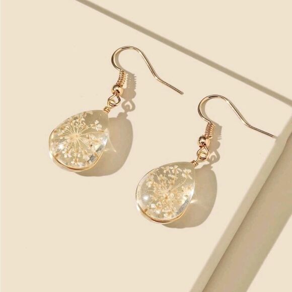 Cottagecore boho dried flower Clear waterdrop glass Dainty Gold Earring 💖2/$30 - Picture 8 of 13